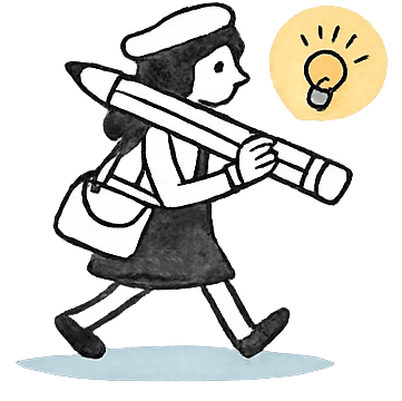 Cartoon character carrying a large pencil with a lightbulb idea