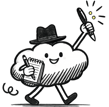 Cartoon cloud character holding a notebook and pen