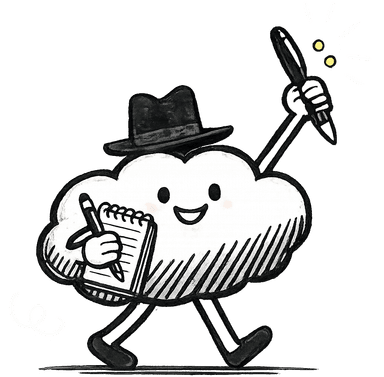 Cartoon cloud character holding a notebook and pen